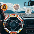 Handmade Steering Wheel Cover, Crochet Steering Wheel Cover, Sunflower Granny Square Wheel Cover, 14-15 inch, Universal fit，Boho Car Accessories, for Women and Girly(Wheel Cover Set)