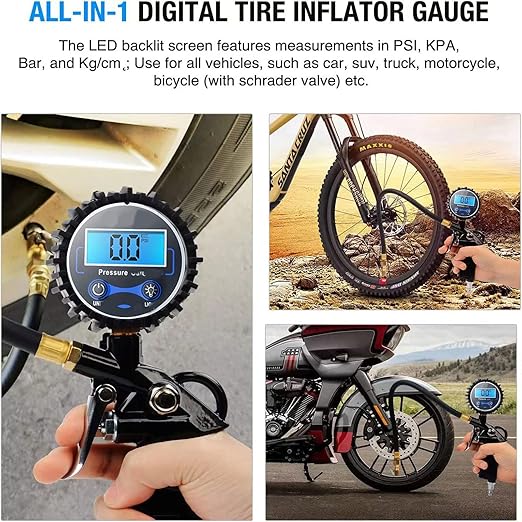 PINKJOY Digital Tire Pressure Gauge with Inflator, 250 PSI Air Chuck and Compressor Accessories Heavy Duty with Quick Connect Coupler, 0.1 Display Resolution for Car, SUV, Truck, Motorcycle, RV