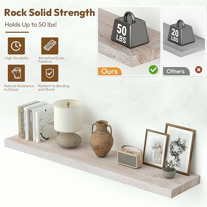 Vivelove Solid Wood Floating Shelves Set of 2, Elm Wood Wall Shelf with Invisible Bracket for Living Room Bedroom Bathroom Of