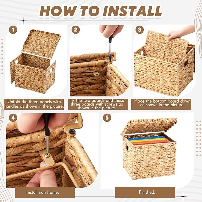 Jingmore Water Hyacinth File Storage Box with Scalloped Lid Collapsible Letter Size Hanging Filing Organizer Basket for Home 