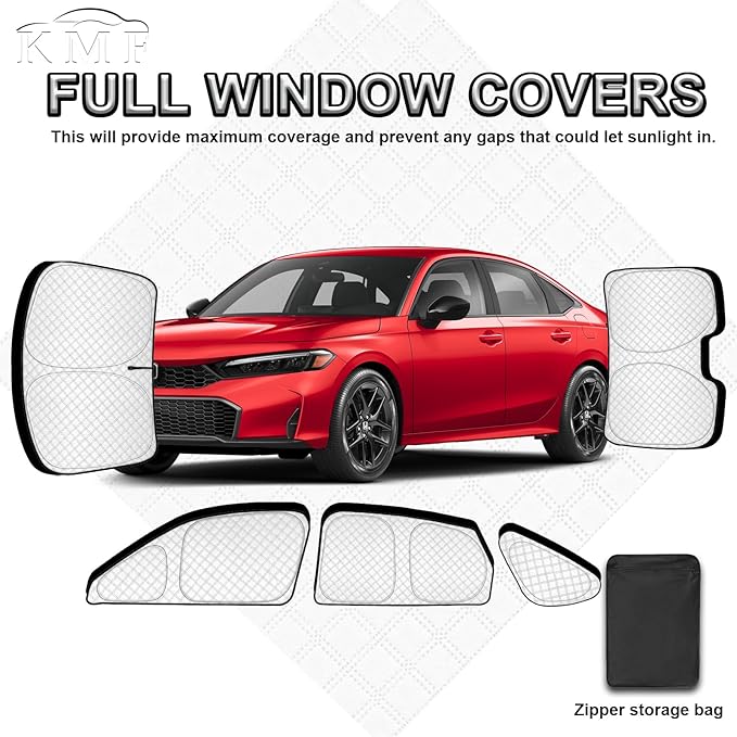KMF 8pcs Thicken Sun Shades for Honda Civic Sedan 2022-2025(Not Hatchback) Accessories,Full Car Window Covers Sunshade for Windshield Side Rear, UV Block and Blackout Privacy for Camping