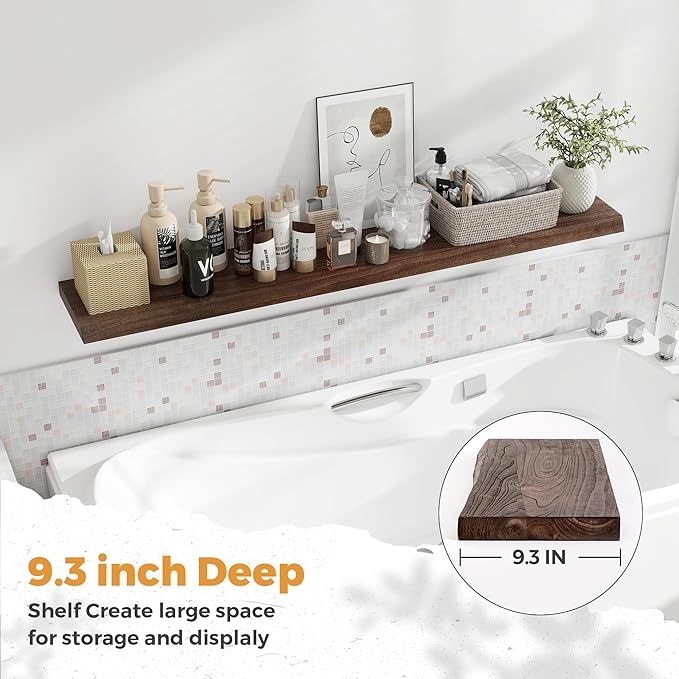 Live Edge Elm Floating Shelves For Wall - 55" W x 9.3" D Rustic Solid Long Wood Shelves with Invisible Bracket, Wall-Mounted 