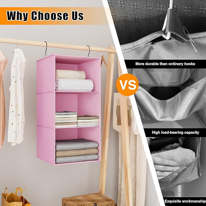 Hanging Closet Organizer and Storage 3-Shelf, Easy Mount Foldable Hanging Closet Wardrobe Storage Shelves, Clothes Handbag Sh