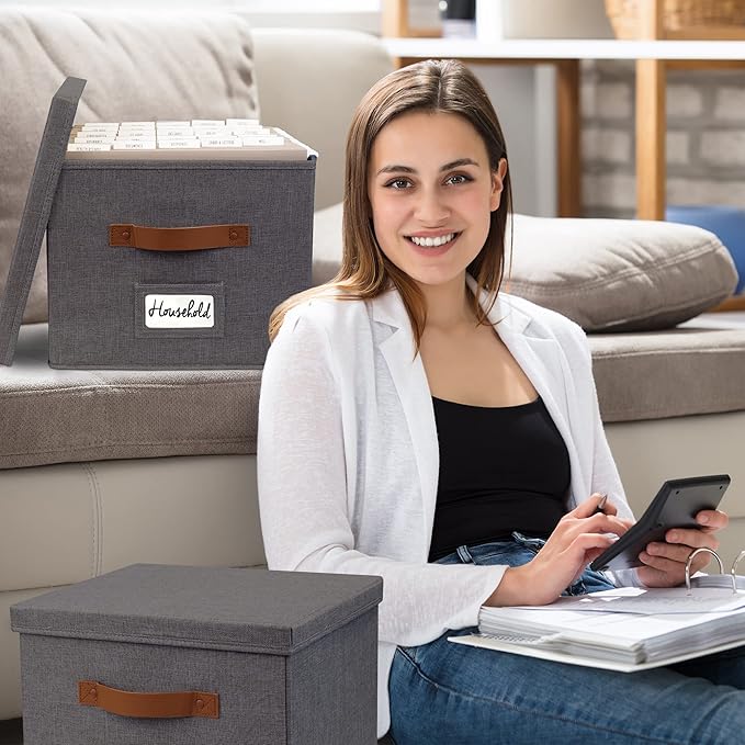 ZICOTO Decorative File Organizer Box Set of 2 - Collapsible Linen Filing Cabinets w/Handles Are Perfect to Store all Your Doc