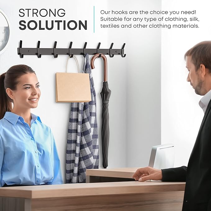 Matte Black Coat Rack Wall Mount – 24 Inch Stainless Steel Hook Rail with 8 Double Coat Hooks – Wall Mounted Entryway Organiz