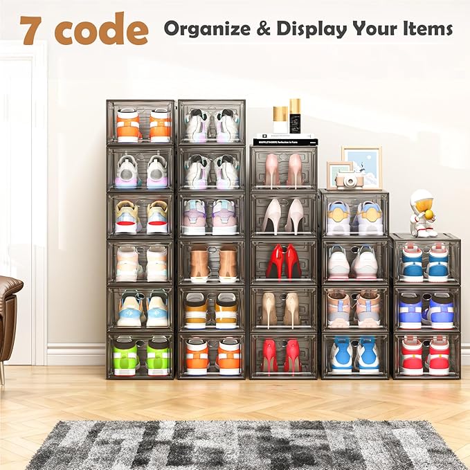 7 code Large Clear Shoe Boxes Organizer【Thicker Material】 Stronger Shoe Box with Magnetic Door, Stackable Shoe Storage Box fo