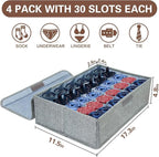 PINGMIC Gray Sock Organizer Divider 4 Pack with Lid - 30 Cell Foldable Closet Storage, Tie Organizer For Men Boxes for Socks,