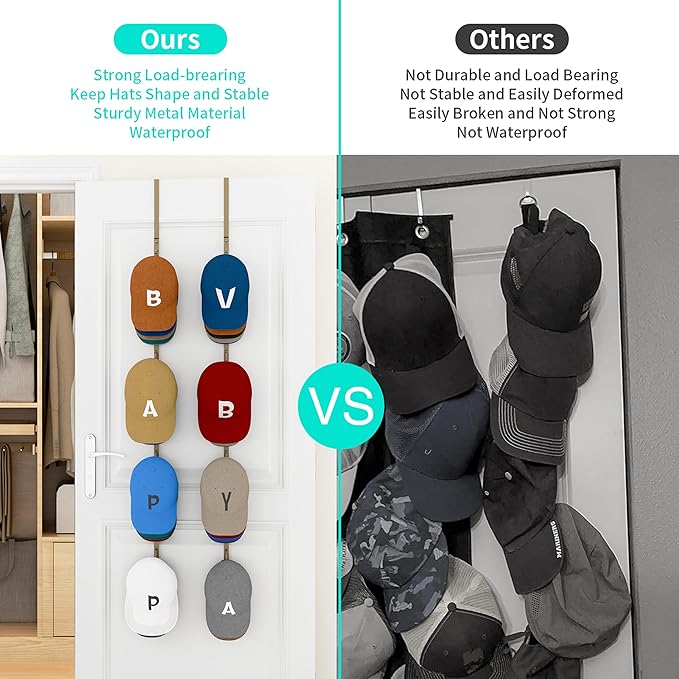 HapiRm Over Door Hat Rack - 2 Packs Hat Organizer with 8 Hooks Design, Hanging Baseball Cap Organizer Storage Holds Up to 40 