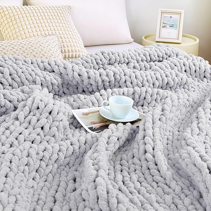 Admitrack Chunky Knit Blanket Throw, 100% Hand Knit Chenille Throw Blanket for Sofa & Home Decor, Soft and Cozy Knitted Throw