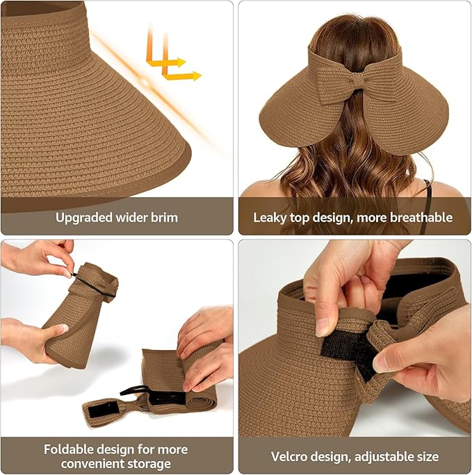 Sun Visor Hat for Women, Wide Brim Straw Summer UV Protection Hat, Foldable Roll-up Packable Beach Cap