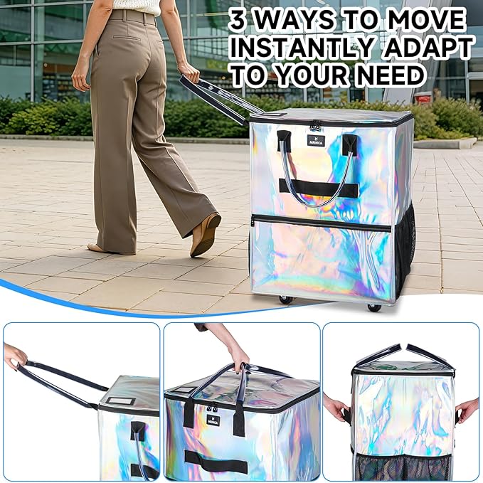 Large Reusable Grocery Bag On Wheels, 130L Foldable Shopping Trolley with 5 Enhanced Stability Wheels, Water Resistant, Multiple Pockets & Heavy Duty Handle, for Groceries, Outdoor, Gradient Silver