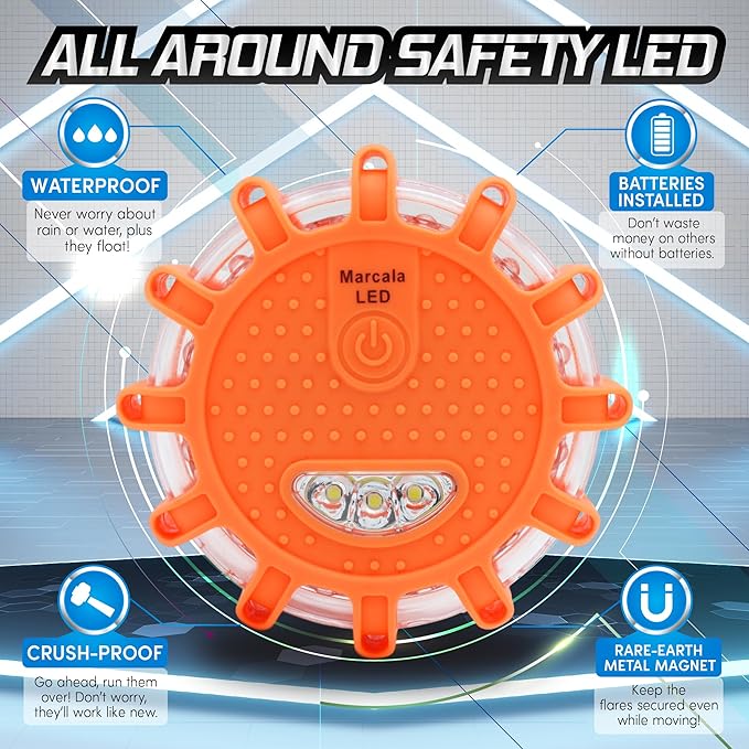 Marcala 6‑Pack LED Road Flares | DOT Compliant Emergency Lights for Vehicles with Batteries, Whistle & Case | Flares Emergenc
