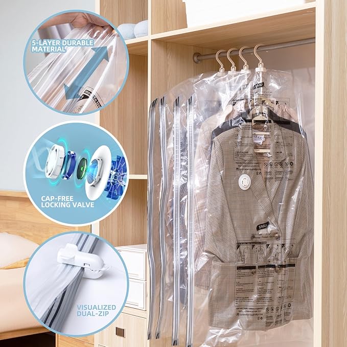 Hanging Vacuum Storage Bags with Electric Pump, 4 Pack (53 x27.5 inch), Vacuum Seal Bags for Clothing, Garment Storage for Sh
