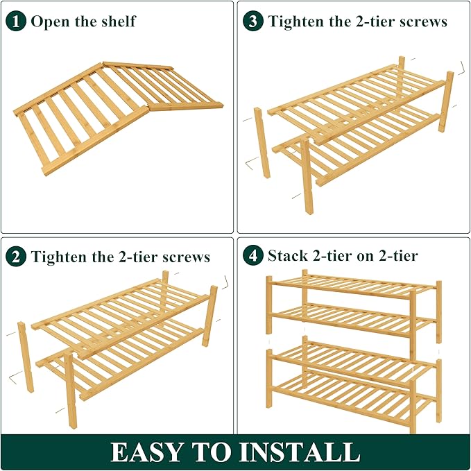 Smiry Bamboo Shoe Rack for Closet, 4 Tier Wooden Stackable Shoe Organizer, Free Standing Shoes Storage Shelf for Entryway, Fr