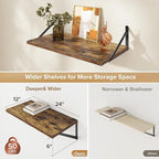 Deep Floating Shelves Wall Mounted, 24"x12" Brown Wood Shelves with Brackets Set of 2 for Bedroom, Living Room, Bathroom, Kit
