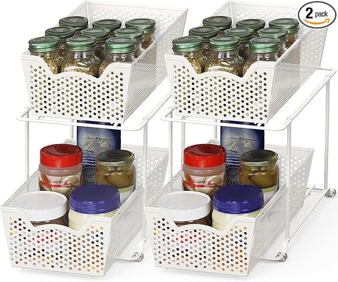 Simple Houseware Cabinet 2 Tier Perforated Basket Drawer, White - 2 Pack