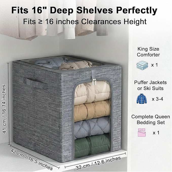 GoMaihe Clothes Storage Bins Metal Frame: 55L Extra Large Stackable Closet Storage Bin with Lid & Clear Window, Heavy Duty Bl