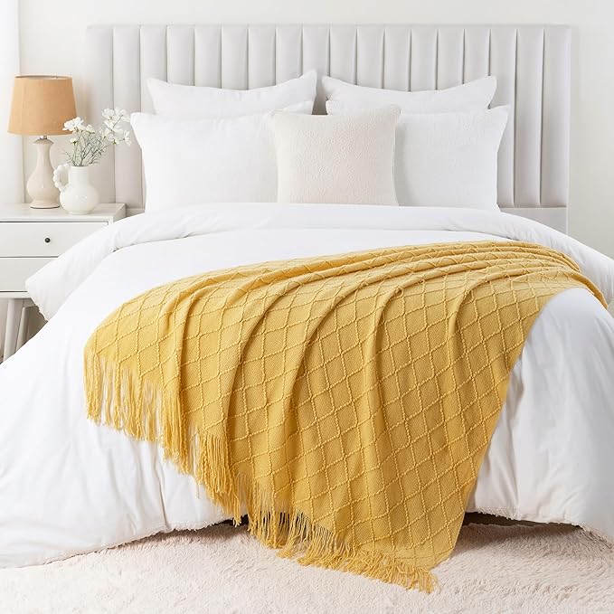 BATTILO HOME Mustard Throw Blanket with Fringe Geometric Bed Gold Yellow Throws Breathable Decorative Large Throw for Couch S