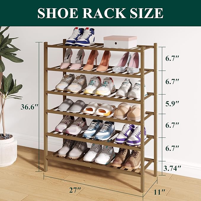 Smiry Bamboo Shoe Rack for Closet, 6 Tier Wooden Stackable Shoe Organizer, Free Standing Shoes Storage Shelf for Entryway, Fr