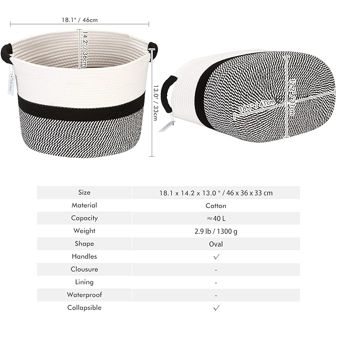 Hinwo Oval Cotton Rope Storage Basket Collapsible Nursery Storage Box Container Organizer with Handles, 16 x 13 inches, Off W