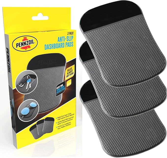 Pennzoil Non-Slip Dashboard Pads Set of 3 - Black Rubber - 3.51' x 0.10' x 5.70' - Universal Fit - Car Dashboard Accessories