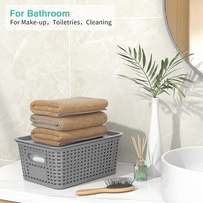 8-Pack Grey Plastic Storage Baskets with Lids, Label Organizers, Stackable Organizer Containers: For Organizing Shelves, Draw