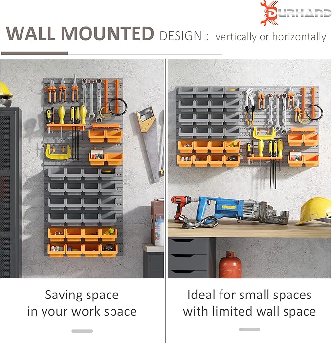 DURHAND Wall Mounted Storage Bins, 44PC Pegboard Tool Organizer Rack Kit Garage Plastic Shop Tool, Orange
