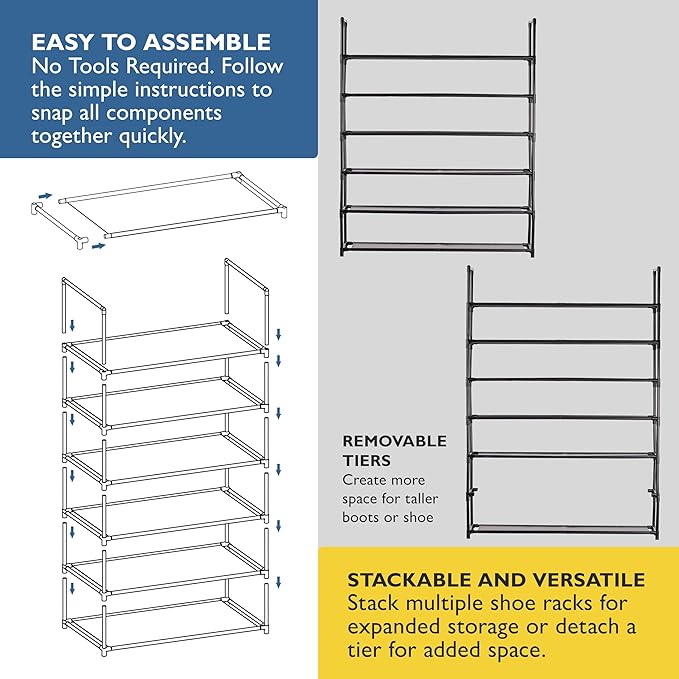Sundaze Shoe Rack - 6 Tier Shoe Rack for Front Door Entrance, Sturdy Tall Shoe Organizer for Closet, Bedroom, Entryway, Garag