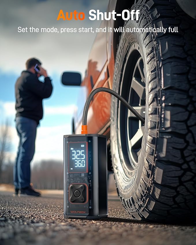 WOLFBOX 150PSI Heavy Duty Tire Inflator Portable Air Compressor,Double- cylinder 45LPM Fast Air Pump for Car Tires,3.5'' LED Display,20'' Hose,Air Compressor for Car,Pickup Truck,Bike