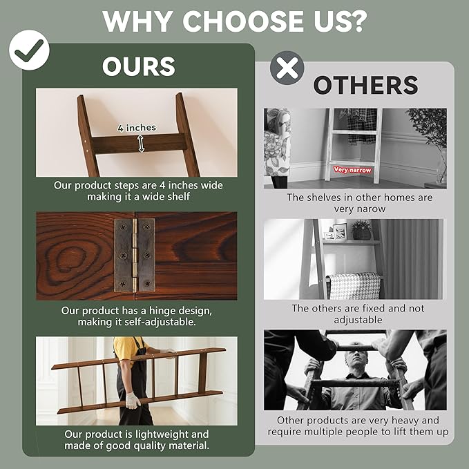 6-Tier Blanket Ladder for Living Room, 5.6FT Pine Wood Quilt Rack with 4 Anti-Slip Straps and 4 Removable Hooks, Lightweight,