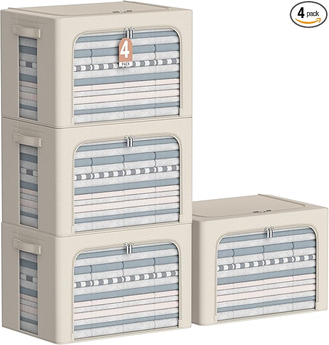 CYhom 4 Pack Clothes Storage Bins - Oxford Fabric Metal Frame Storage Box - Foldable Stackable Container Organizer Set with C