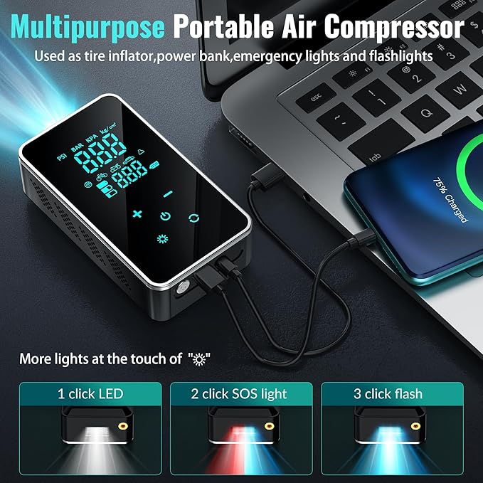 Tire Inflator Portable Air Compressor-150PSI Air Pump for Car, Bike Pump Touch Screen/Gauge/Light, Tire Pump 3X Faster Inflation with Tire Pressure Gauge for Motorcycle, Bike, Ball