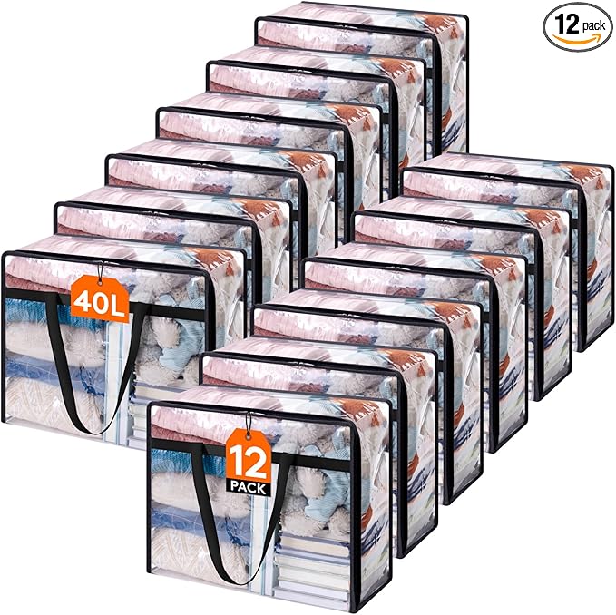 Lifewit 12 Pack Clear Clothes Storage Bags, 40L Plastic Blanket Storage Bag, Vinyl Foldable Moving Bags with Zipper, Closet O