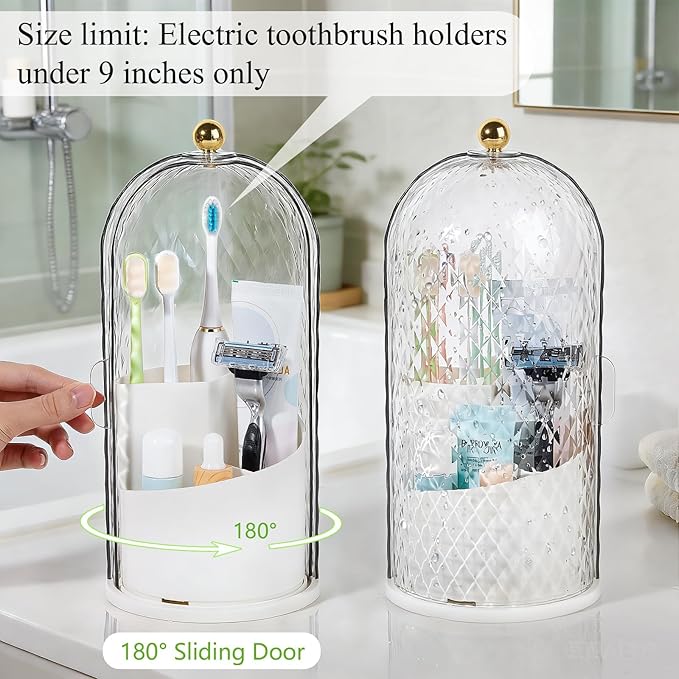 Toothbrush Holder with Cover for Bathroom Countertop, Rotating Organizer for Electric Tooth Brush and Toothpaste, 3-Slot Make
