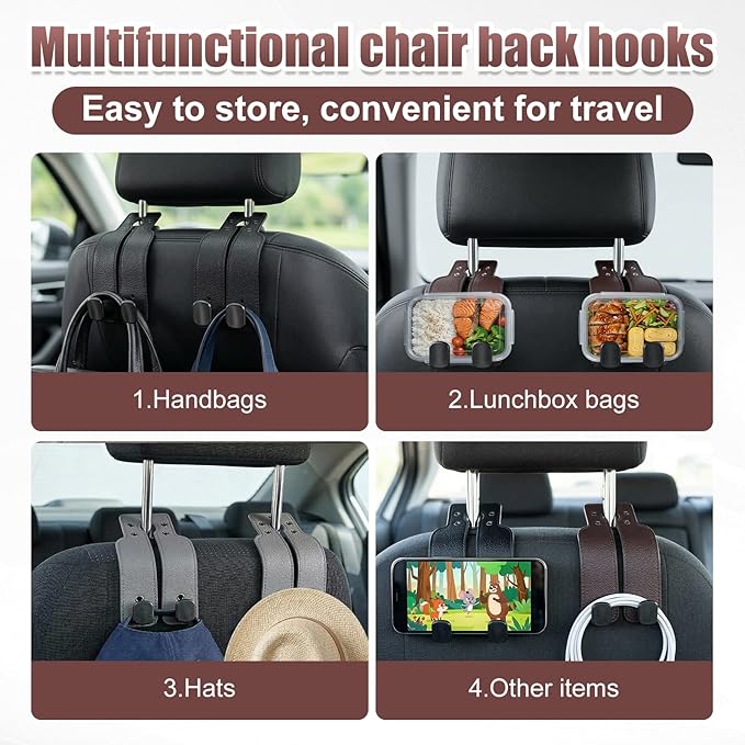 Headrest Hooks for Car, 4 Pack Car Seat Back Organizer Storage Hook, Double Hook Leather Car Seat Hooks for Purses and Bags, Groceries, and Accessories (Black*2+Brown *2)