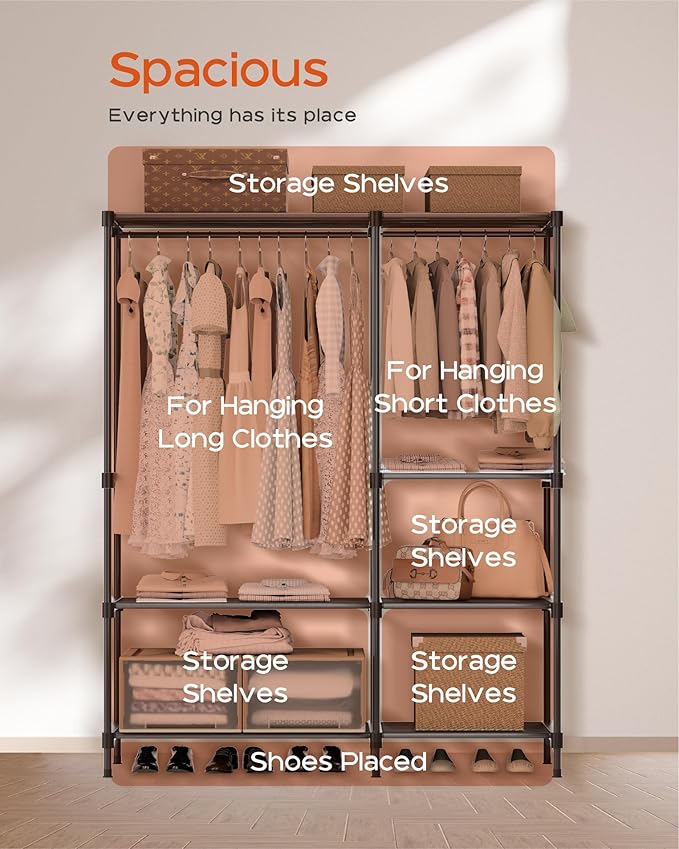 CASAMAYA Clothes Rack, Portable Closet, 44.9 Inch Large Capacity Wardrobe Closet, Clothes Storage Organizer with Shelves and 