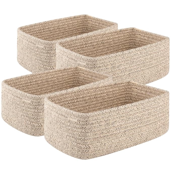 OIASKET 4 Pack Small Storage Shelf Baskets for Organizing, Mini Woven Rope Storage Bins for Towels, Cute Decorative Closet Or