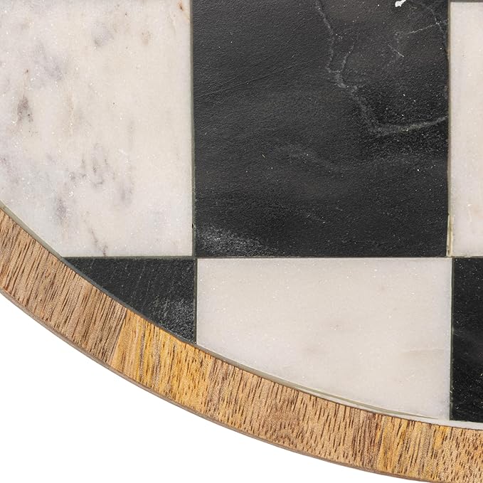 Creative Co-Op Checkered Lazy Susan in Mango Wood and Marble, White, Black and Natural