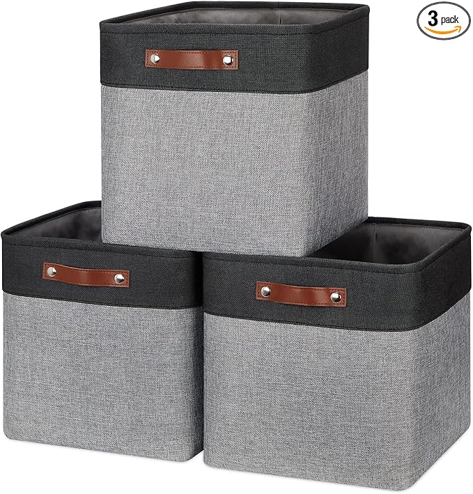 HNZIGE Storage Foldable Baskets Cubes Set(3 Pack) Fabric Bins for Shelves,13 Inch Storage Basket for Organizing with Leather 