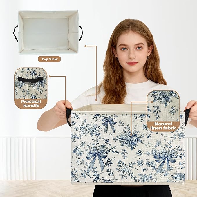 Chinoiserie Bow Floral Storage Box Bins, Blue and White Grandmillennial Flower Collapsible Storage Basket Organizer for Bedro