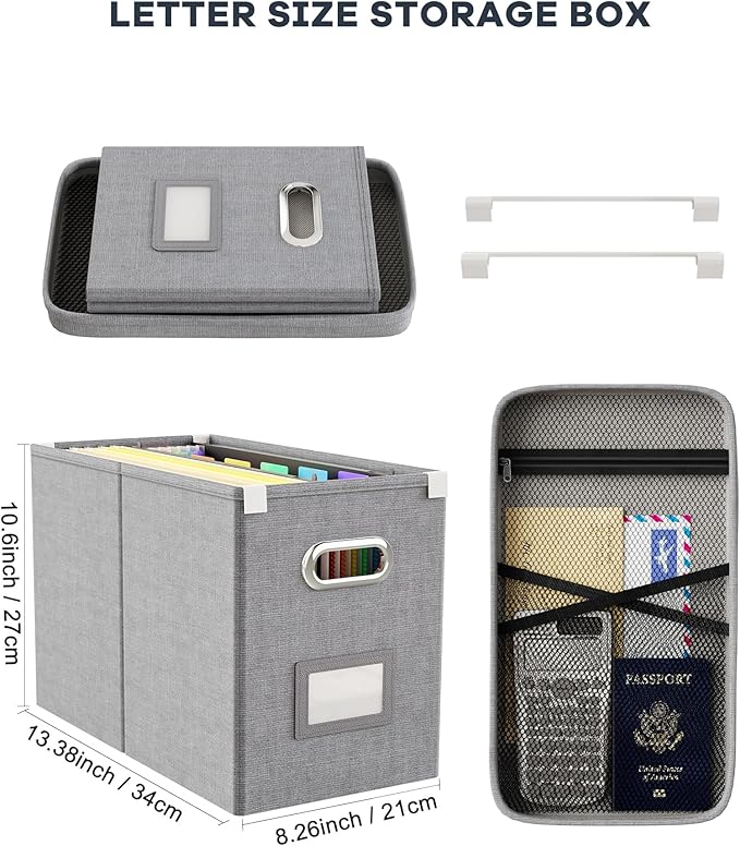 Oterri File Organizer Box with Lid, Hanging Filing File Box with Mesh Pocket, Document Organizer Box for Letter Files, Portab