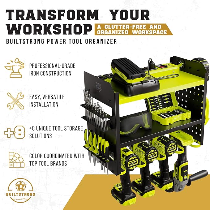BUILTSTRONG Heavy-Duty Metal Tool Storage Rack - 3-Tier Wall Mount Organizer, Drill Holder, Utility Racks, PegBoard Side, Gar