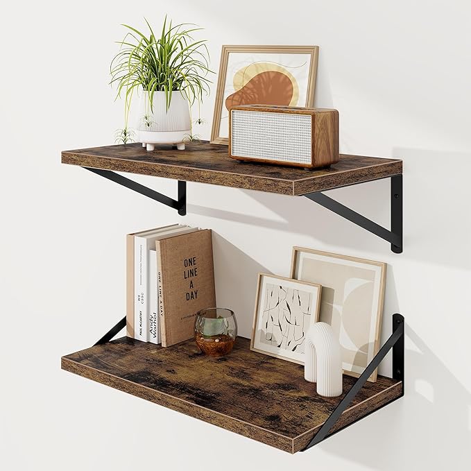Floating Shelves, 12 Inch Deep Rustic Wood Wall Storage, 24W x 12D Wall Shelves Set of 2, Heavy Duty Metal Brackets, Large In