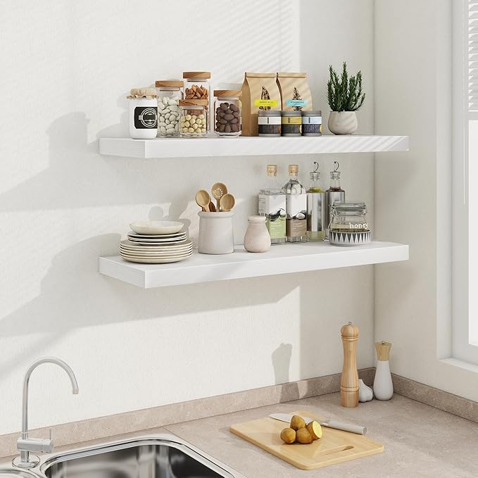 Fun Memories 36 Inch Floating Shelves in White, 9.3 Inch Deep Floating Shelf for Bathroom Living Room Kitchen, Rusitc Wall Mo