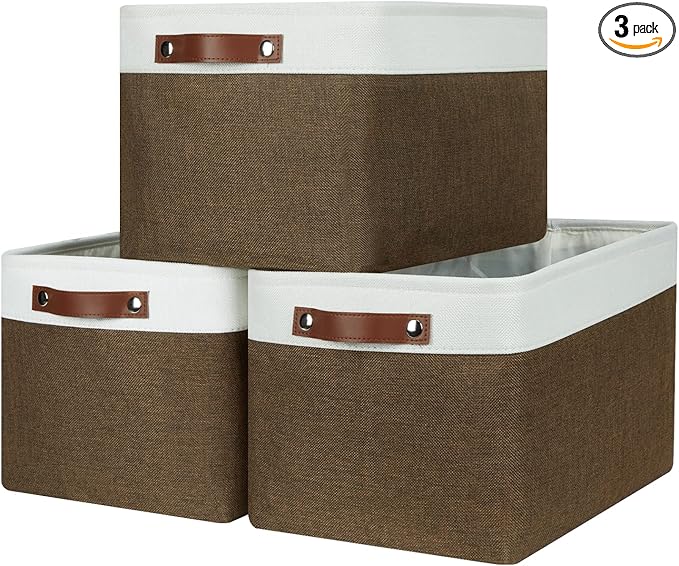 HNZIGE Fabric Storage Baskets (3 Pack) - Decorative Foldable Shelf Baskets with Leather Handles for Organizing Clothes (Brown