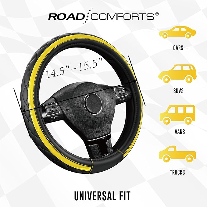 Road Comforts Leather Steering Wheel Cover – Black & Yellow, Universal Fit 14.5-15 Inch, Microfiber Leather, Anti-Slip & Brea