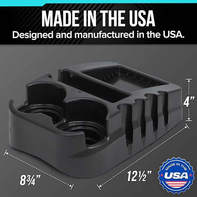 Universal Car Floor Center Console with Dual Cup Holders, Portable Center Console Storage Organizer, Vehicle Organizer for SUV, Truck, Van, Car, Recycled Plastic, Made in USA (Black)