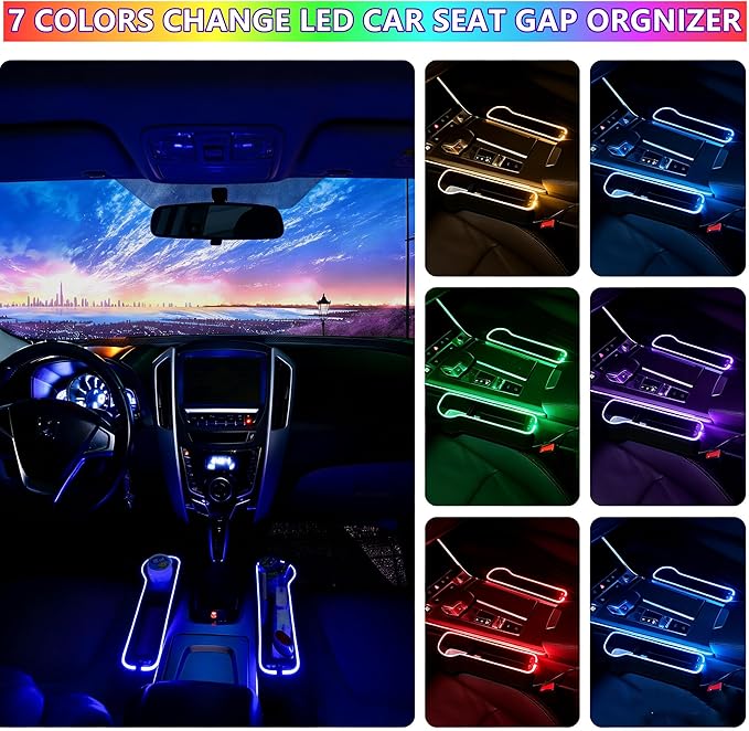 7 Color Led Car Seat Gap Organizer with 56W Fast Charger Car Console Organizer with Cup Holder Front Seat Gap Filler with USB Between Seat Cup Holder fit for Android iPhone (Black)