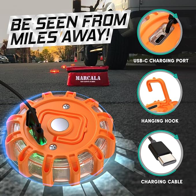 Marcala 4-Pack Rechargeable Emergency Lights For Vehicles | Largest 1200mAh Battery in the Market | Red Diode LED Road Flares
