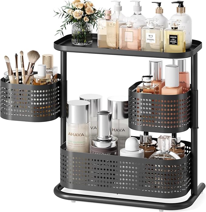 3 Tier Bathroom Counter Organizer, Rotating Countertop Vanity Storage Cabinet with Standing Shelf, Cosmetic Holder for Skinca